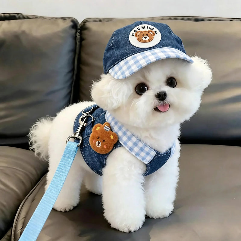 Cowboy Bear Dog Outfit Set – Denim Vest & Matching Hat