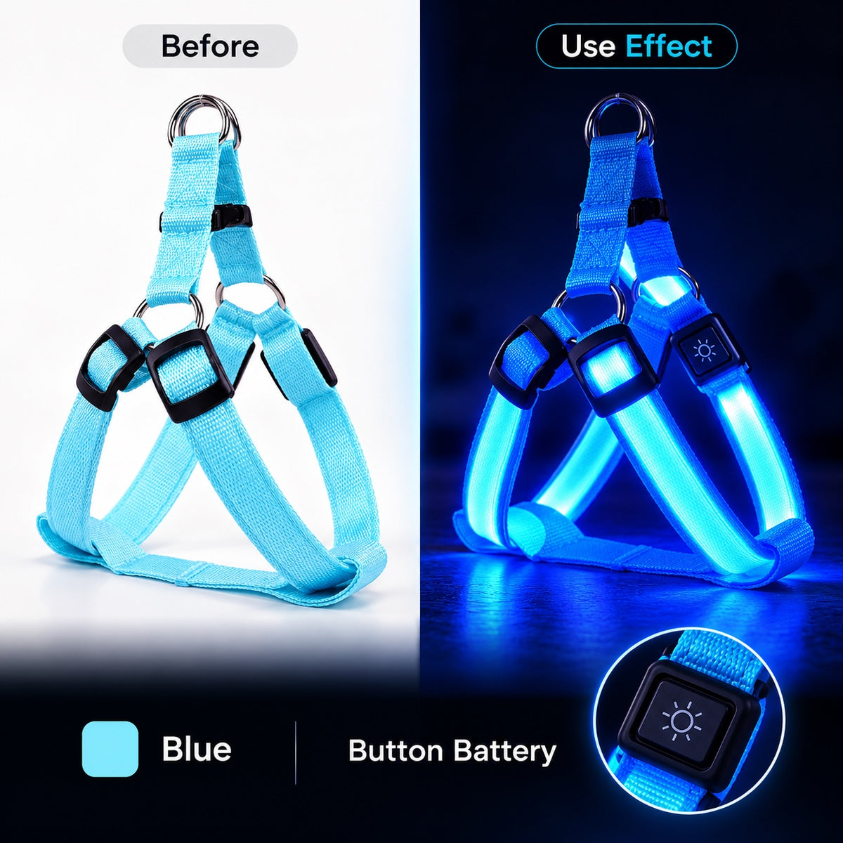 Blue LED dog harness before and illuminated