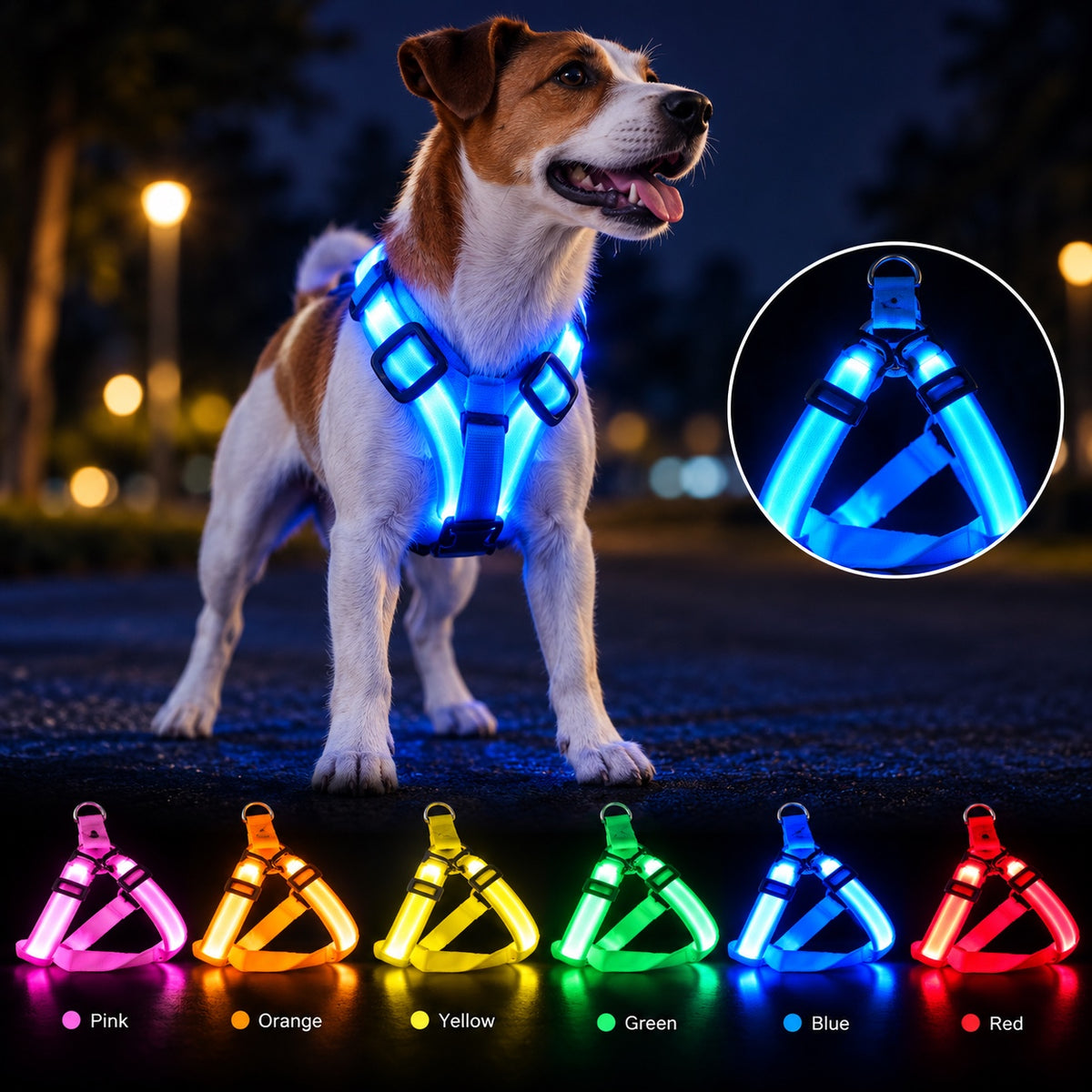 Blue LED dog harness on dog at night