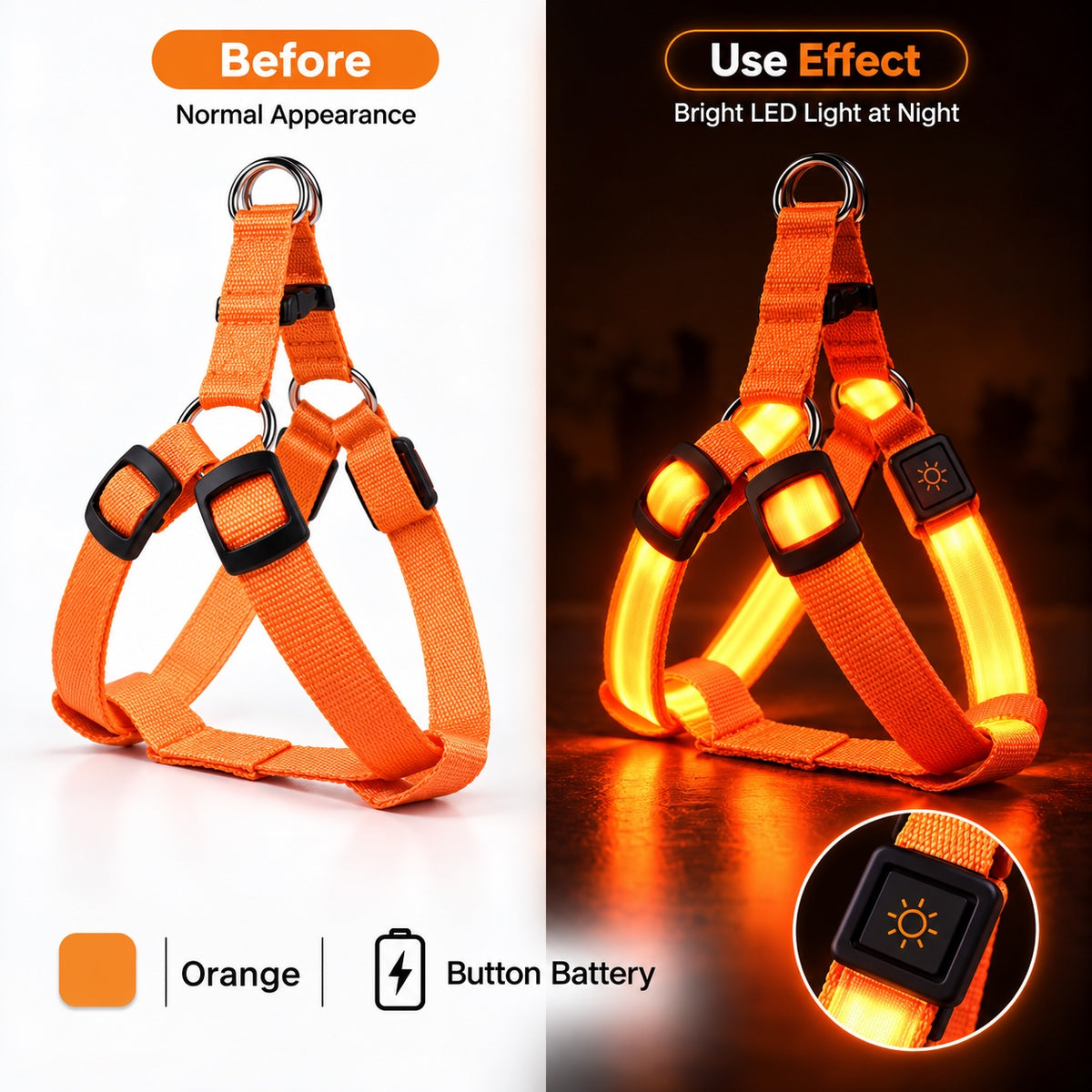 Orange LED dog harness before and illuminated