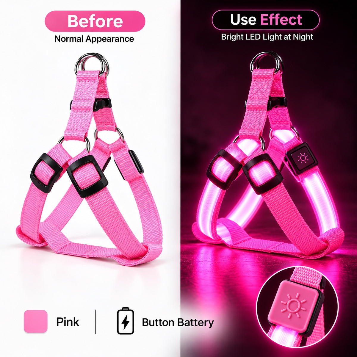 Pink LED dog harness before and illuminated