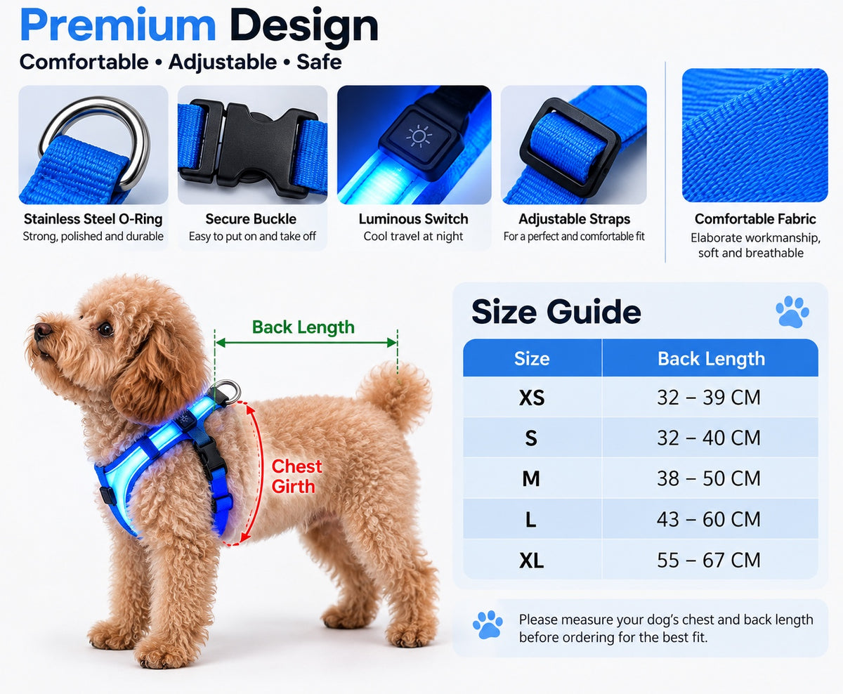 LED dog harness premium design and size guide