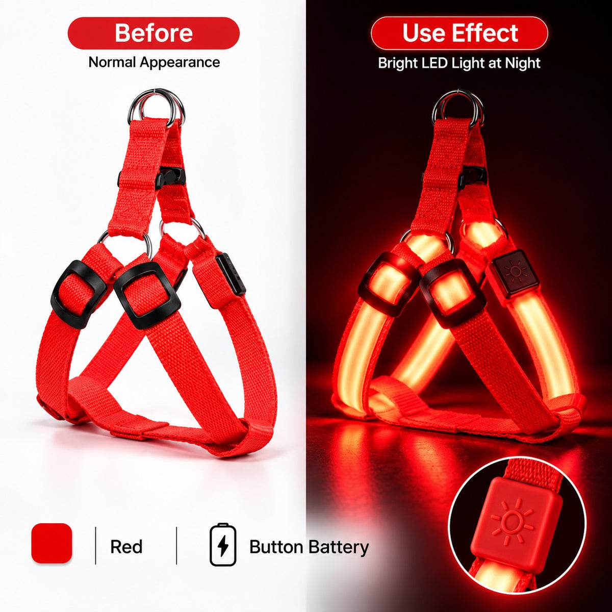 Red LED dog harness before and illuminated